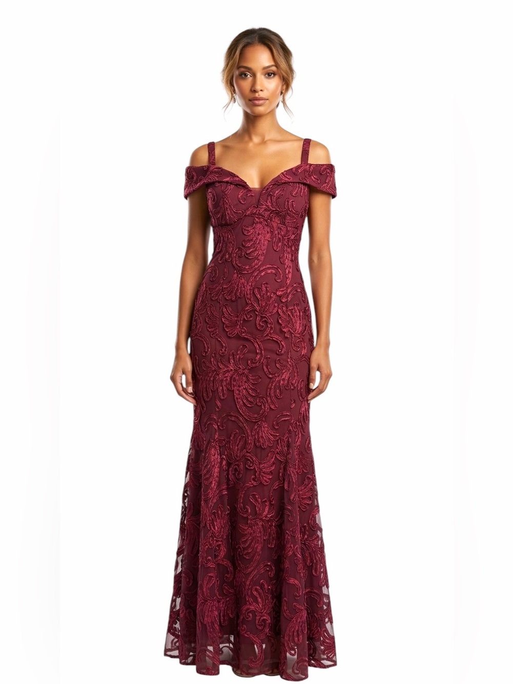 R&M Richards Burgundy Cap Sleeve Lace Mermaid Formal Dress Evening Gown Size 8